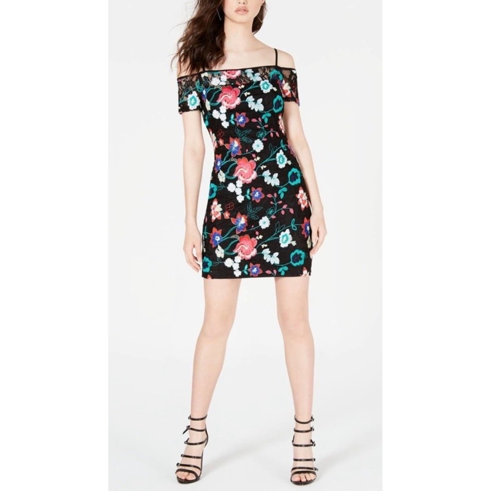 GUESS Womens Black Floral Embroidered Lace Cold Shoulder Bodycon Mini Dress Sz 8